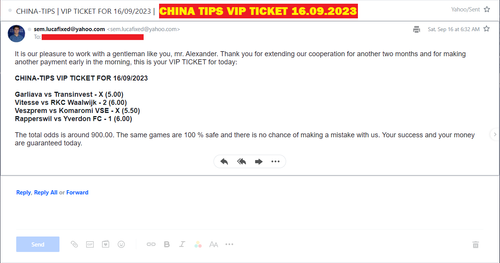 CHINA VIP TICKET FIXED MATCHES | 16.09.2023