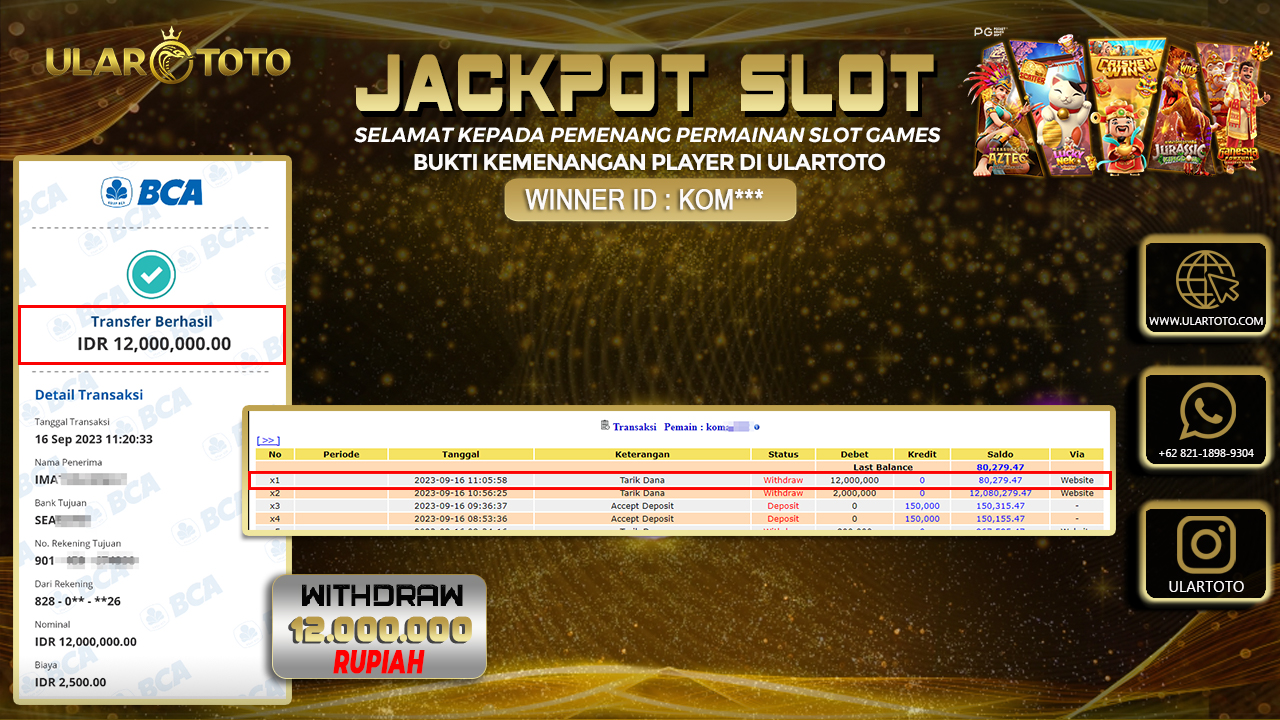 BUKTI PEMBAYARAN ULARTOTO HARI INI SLOT GAMES 16 SEPTEMBER 2023 Rp. 12.000.000 - LUNAS