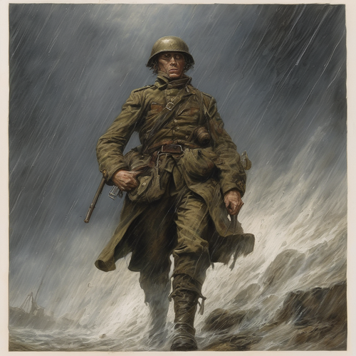 imagine prompt The soldier at the height of the war and bombardment was caught in the storm and rain