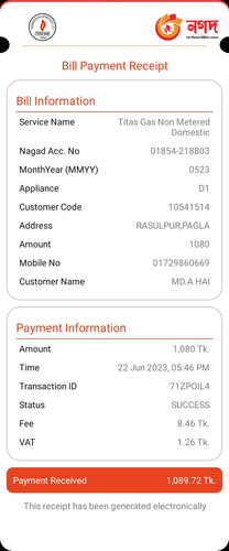 nagad bill receipt Titas Gas Non Metered Domestic June 22, 20231694432469124.jpg