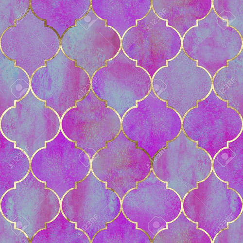 Vintage decorative moroccan seamless pattern with gold line. Watercolor hand drawn bright purple bac