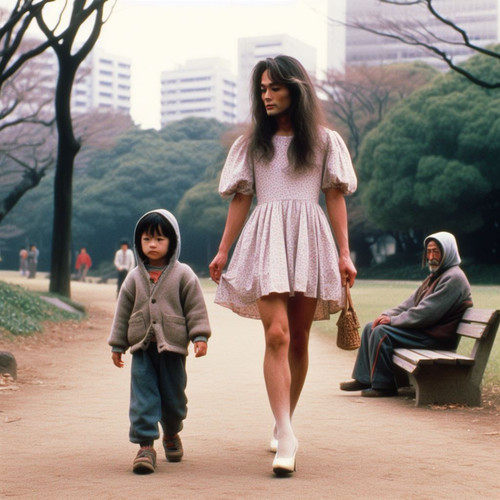 1991 japanese stillframe a man wearing a dress (long hair, high heels) walks along his young child i.jpg