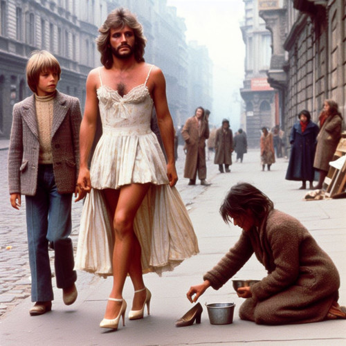 1982 movie stillframe, a man is wearing a dress (high heels, long hair style). The man walks along h.jpg