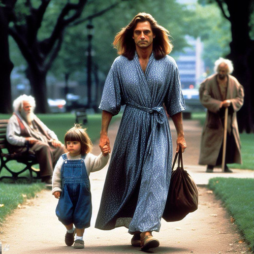 1992 movie stillframe a man wearing a housewife dress (long hair) walks along his young child in a p.jpg