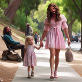 movie stillframe a man wearing a cute dress (long hair, high heels) walks along his young child in a