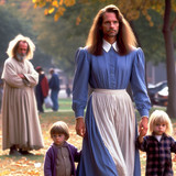 1993 movie stillframe a man wearing a housewife dress (long hair) walks along his young child in a p