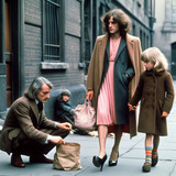 1982 movie stillframe, a man is wearing a dress (high heels, long hair style). The man walks along h