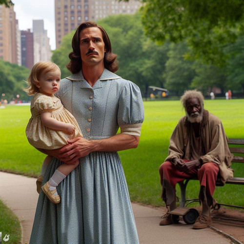 movie stillframe a man wearing a vintage housewife dress (long hair) walks along his young child in .jpg