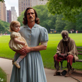 movie stillframe a man wearing a vintage housewife dress (long hair) walks along his young child in 