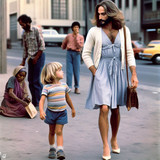 1985 high resolution scan, stillframe, a man is wearing a dress (high heels, long hair style). The m