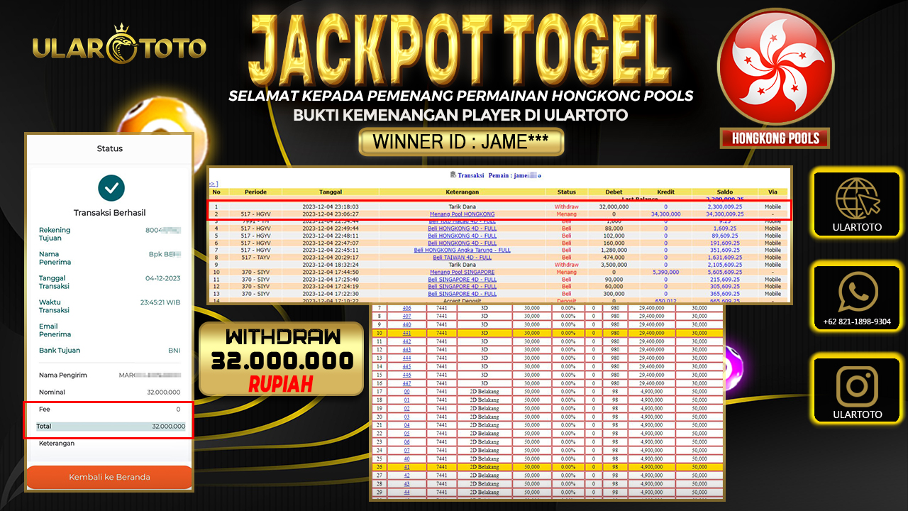 BUKTI PEMBAYARAN ULARTOTO HONGKONG POOLS 5 DESEMBER 2023 Rp. 32.000.000 - LUNAS