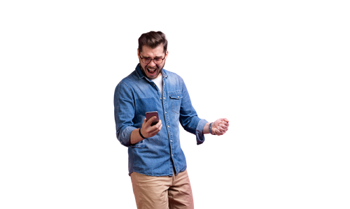 always touch smiling young man holding smart phone looking it portrait happy.png