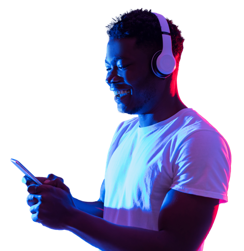 happy millennial black guy wireless headphones using smartphone blue neon light copy space.png