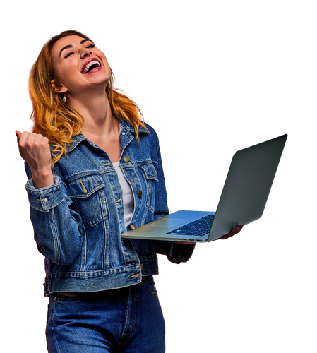happy woman jeansdenim jacket with fair wavy hair with laptop shows victory gesture.png