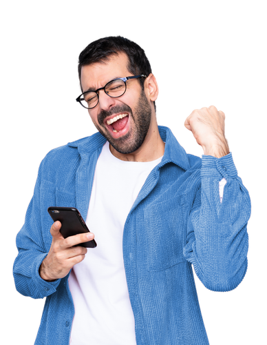 young caucasian man wearing corduroy jacket blue wallwith phone victory position.png