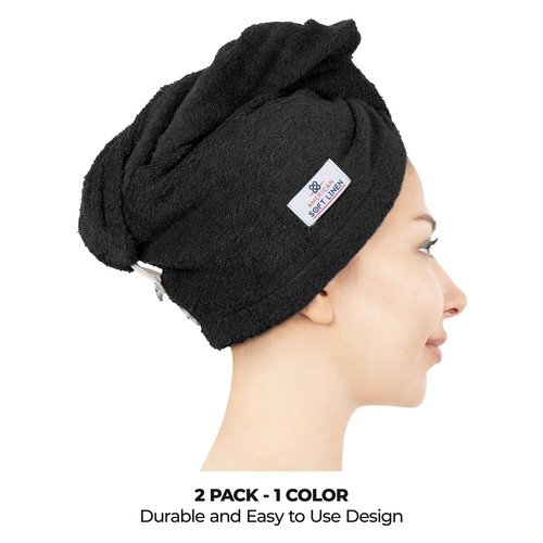 American Soft Linen 100 Cotton Hair Drying Towels for Women 2 Pack Head Towel Cap Black 2.jpg