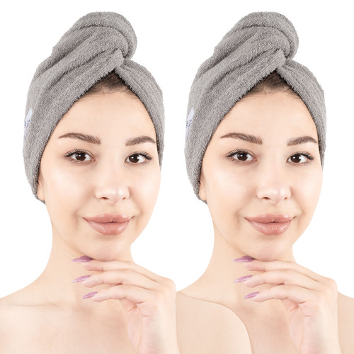American Soft Linen 100 Cotton Hair Drying Towels for Women 2 Pack Head Towel Cap Light Grey 1.jpg