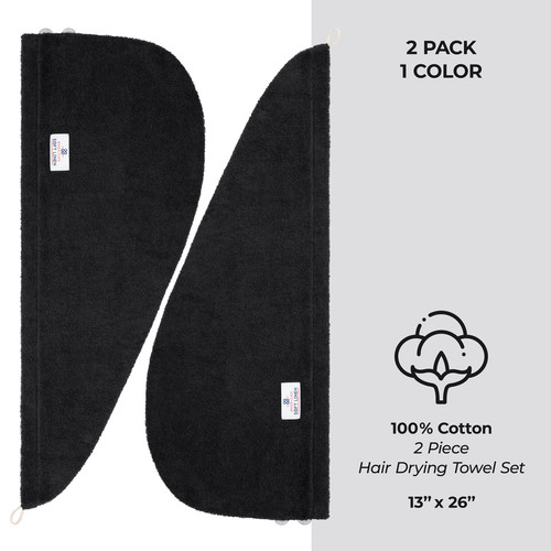 American Soft Linen 100 Cotton Hair Drying Towels for Women 2 Pack Head Towel Cap Black 4.jpg