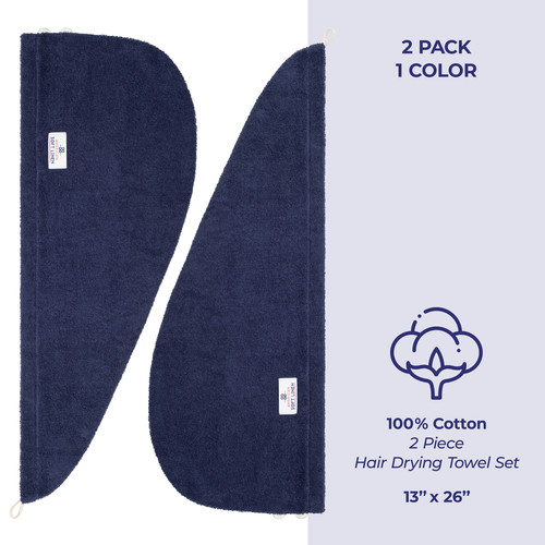 American Soft Linen 100 Cotton Hair Drying Towels for Women 2 Pack Head Towel Cap Navy Blue 4.jpg