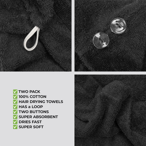 American Soft Linen 100 Cotton Hair Drying Towels for Women 2 Pack Head Towel Cap Black 5.jpg