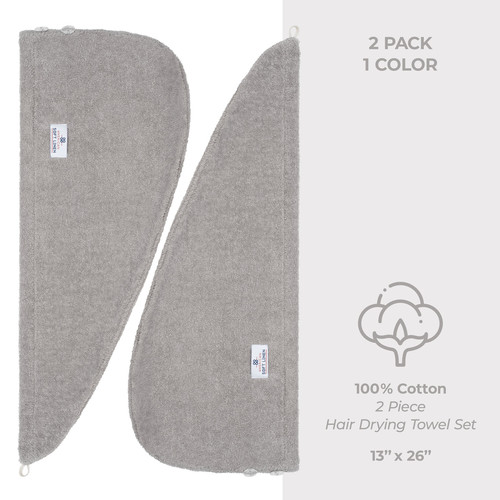 American Soft Linen 100 Cotton Hair Drying Towels for Women 2 Pack Head Towel Cap Light Grey 4.jpg