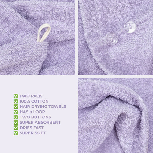 American Soft Linen 100 Cotton Hair Drying Towels for Women 2 Pack Head Towel Cap Lilac 5.jpg