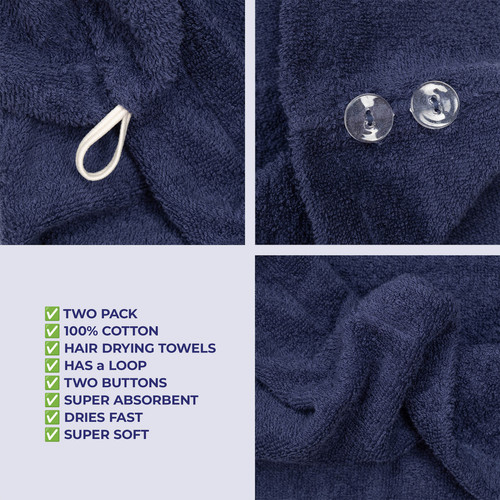 American Soft Linen 100 Cotton Hair Drying Towels for Women 2 Pack Head Towel Cap Navy Blue 5.jpg