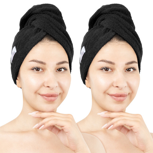 American Soft Linen 100 Cotton Hair Drying Towels for Women 2 Pack Head Towel Cap Black 1.jpg