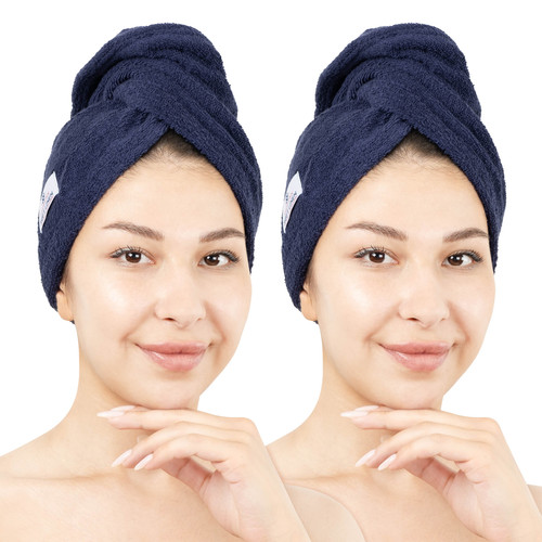 American Soft Linen 100 Cotton Hair Drying Towels for Women 2 Pack Head Towel Cap Navy Blue 1.jpg