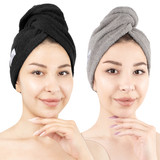 American Soft Linen 100 Cotton Hair Drying Towels for Women 2 Pack Head Towel Cap Black Light Grey 1