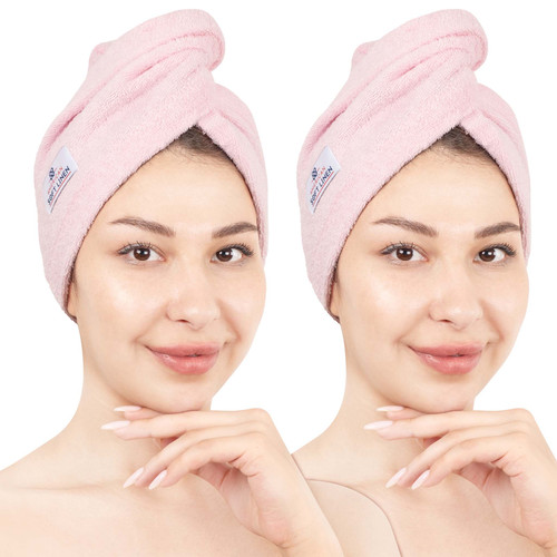 American Soft Linen 100 Cotton Hair Drying Towels for Women 2 Pack Head Towel Cap Pink 1.jpg