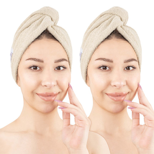 American Soft Linen 100 Cotton Hair Drying Towels for Women 2 Pack Head Towel Cap Sand Taupe 1.jpg