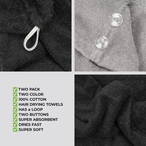 American Soft Linen 100 Cotton Hair Drying Towels for Women 2 Pack Head Towel Cap Black Light Grey 6.jpg