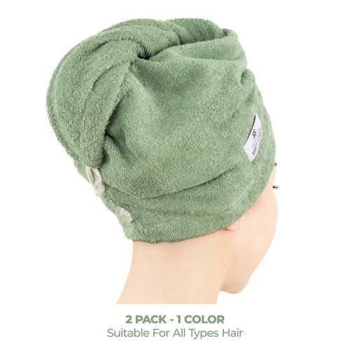 American Soft Linen 100 Cotton Hair Drying Towels for Women 2 Pack Head Towel Cap Sage Green 3.jpg