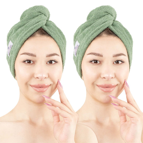 American Soft Linen 100 Cotton Hair Drying Towels for Women 2 Pack Head Towel Cap Sage Green 1.jpg