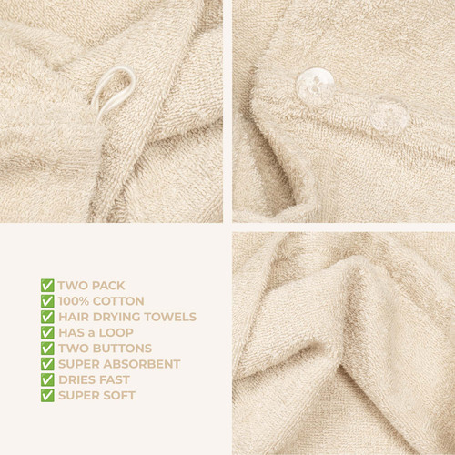 American Soft Linen 100 Cotton Hair Drying Towels for Women 2 Pack Head Towel Cap Sand Taupe 5.jpg