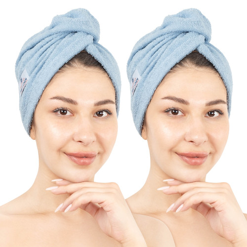 American Soft Linen 100 Cotton Hair Drying Towels for Women 2 Pack Head Towel Cap Sky Blue 1.jpg