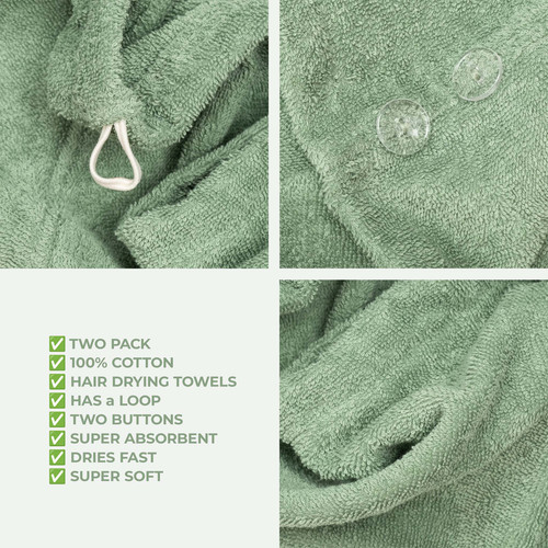 American Soft Linen 100 Cotton Hair Drying Towels for Women 2 Pack Head Towel Cap Sage Green 5.jpg