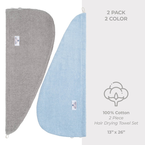 American Soft Linen 100 Cotton Hair Drying Towels for Women 2 Pack Head Towel Cap Light Grey Sky Blu.jpg