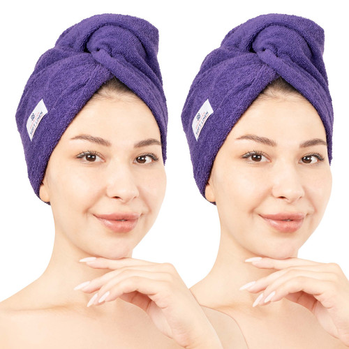 American Soft Linen 100 Cotton Hair Drying Towels for Women 2 Pack Head Towel Cap Purple 1.jpg