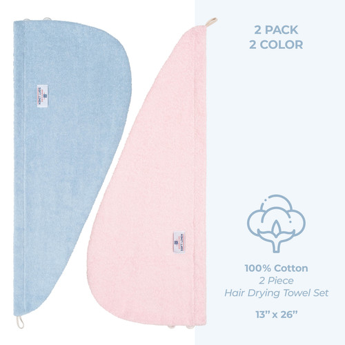 American Soft Linen 100 Cotton Hair Drying Towels for Women 2 Pack Head Towel Cap Skyblue Pink 5.jpg