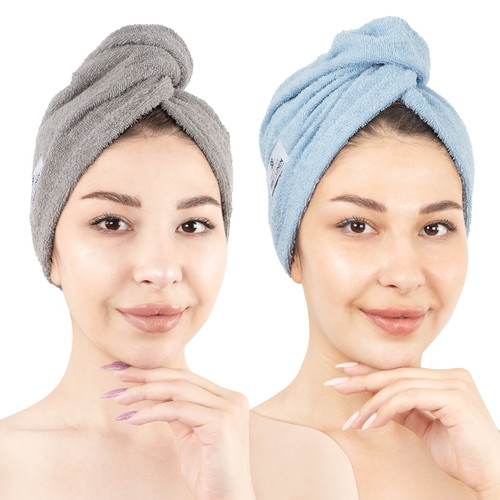 American Soft Linen 100 Cotton Hair Drying Towels for Women 2 Pack Head Towel Cap Light Grey Sky Blu.jpg