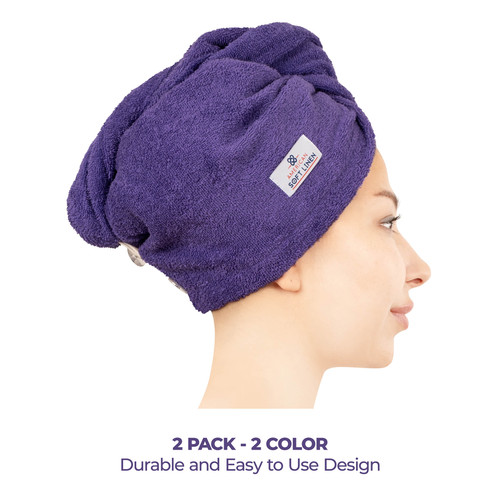 American Soft Linen 100 Cotton Hair Drying Towels for Women 2 Pack Head Towel Cap Purple Black 3.jpg