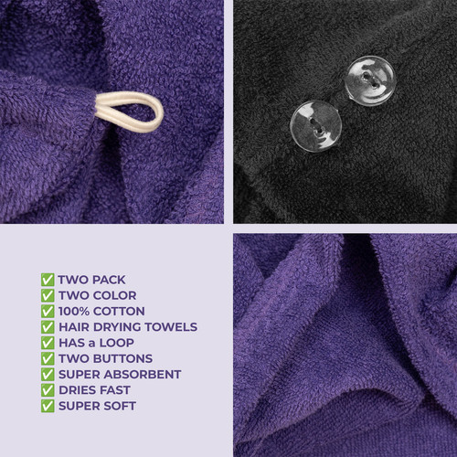 American Soft Linen 100 Cotton Hair Drying Towels for Women 2 Pack Head Towel Cap Purple Black 6.jpg