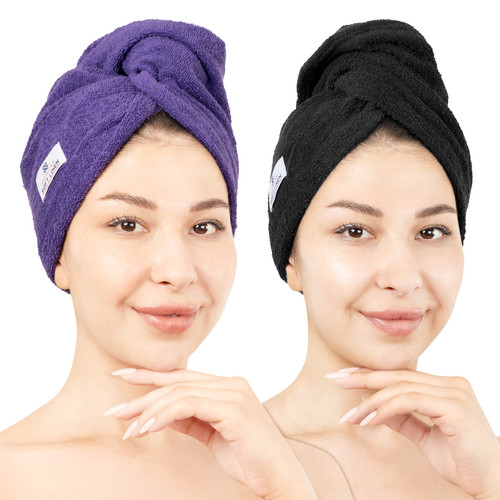 American Soft Linen 100 Cotton Hair Drying Towels for Women 2 Pack Head Towel Cap Purple Black 1.jpg