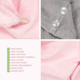 American Soft Linen 100 Cotton Hair Drying Towels for Women 2 Pack Head Towel Cap Pink Light Grey 6