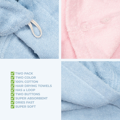American Soft Linen 100 Cotton Hair Drying Towels for Women 2 Pack Head Towel Cap Skyblue Pink 6.jpg