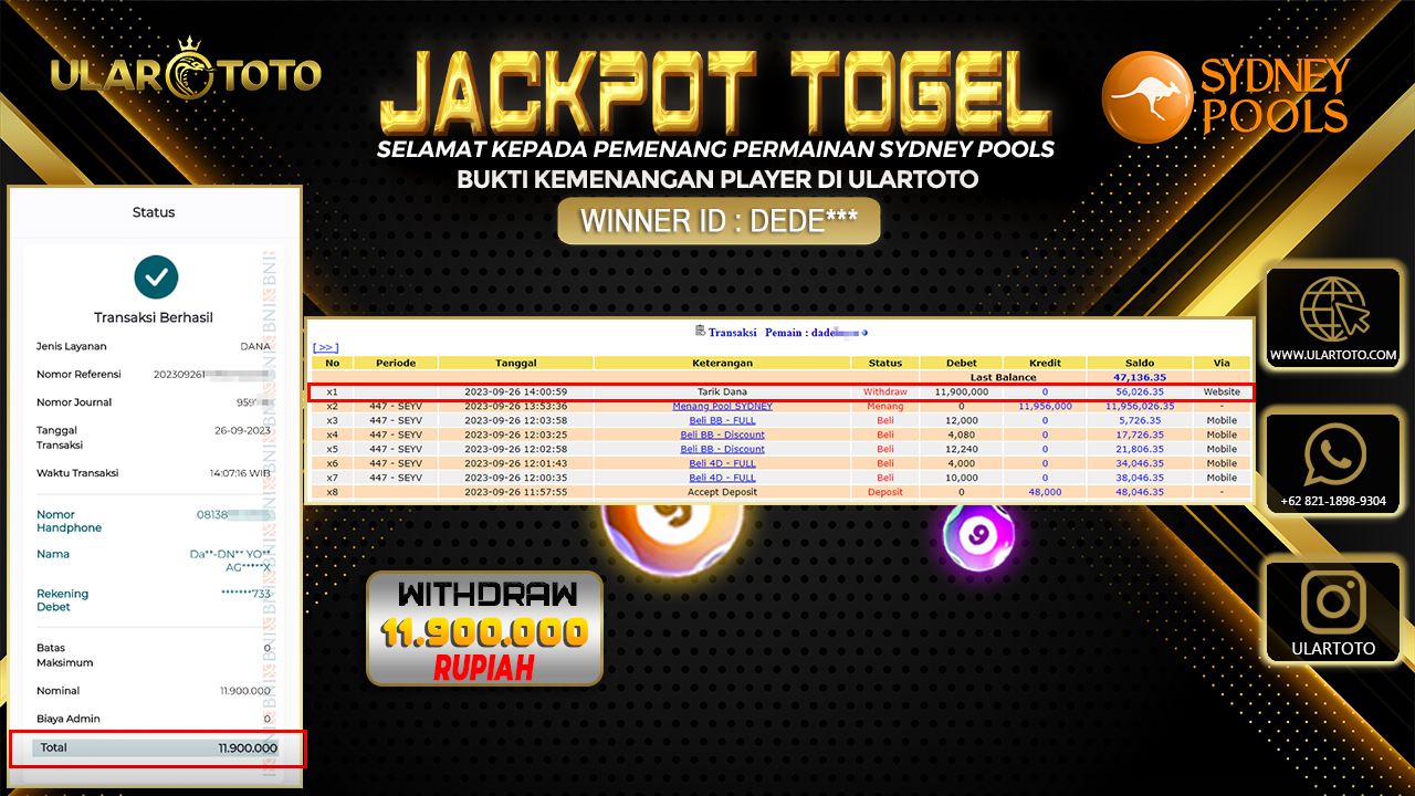 BUKTI PEMBAYARAN ULARTOTO SINGAPORE POOLS 26 SEPTEMBER 2023 Rp. 11.900.000 - LUNAS