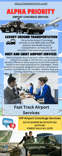 VIP airport concierge services offer a range of personalized and premium services to travelers to enhance their airport experience. These services are typically designed to make the airport journey more convenient, comfortable, and efficient. While the specific offerings may vary from one provider to another, here are some common services you can expect from VIP airport concierge services:

    Meet and Greet: A professional concierge will meet you at the airport entrance, curbside, or at a designated meeting point. They will assist you with check-in, security procedures, and immigration, ensuring a smooth and hassle-free process.

    Fast-Track Security and Immigration: VIP travelers often have access to expedited security and immigration lines, reducing wait times significantly.

https://alphapriority.com/services