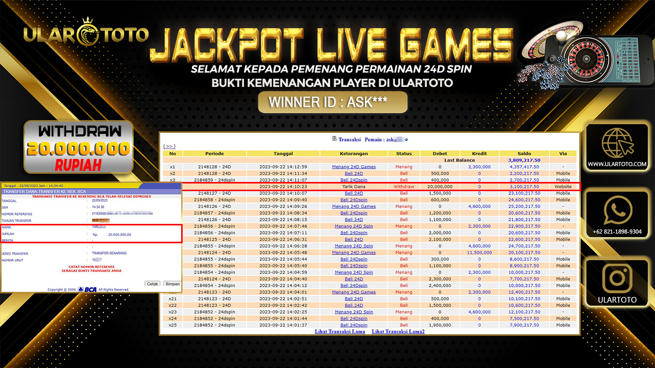 BUKTI PEMBAYARAN ULARTOTO LIVE GAMES 22 SEPTEMBER 2023 Rp. 20.000.000, - LUNAS